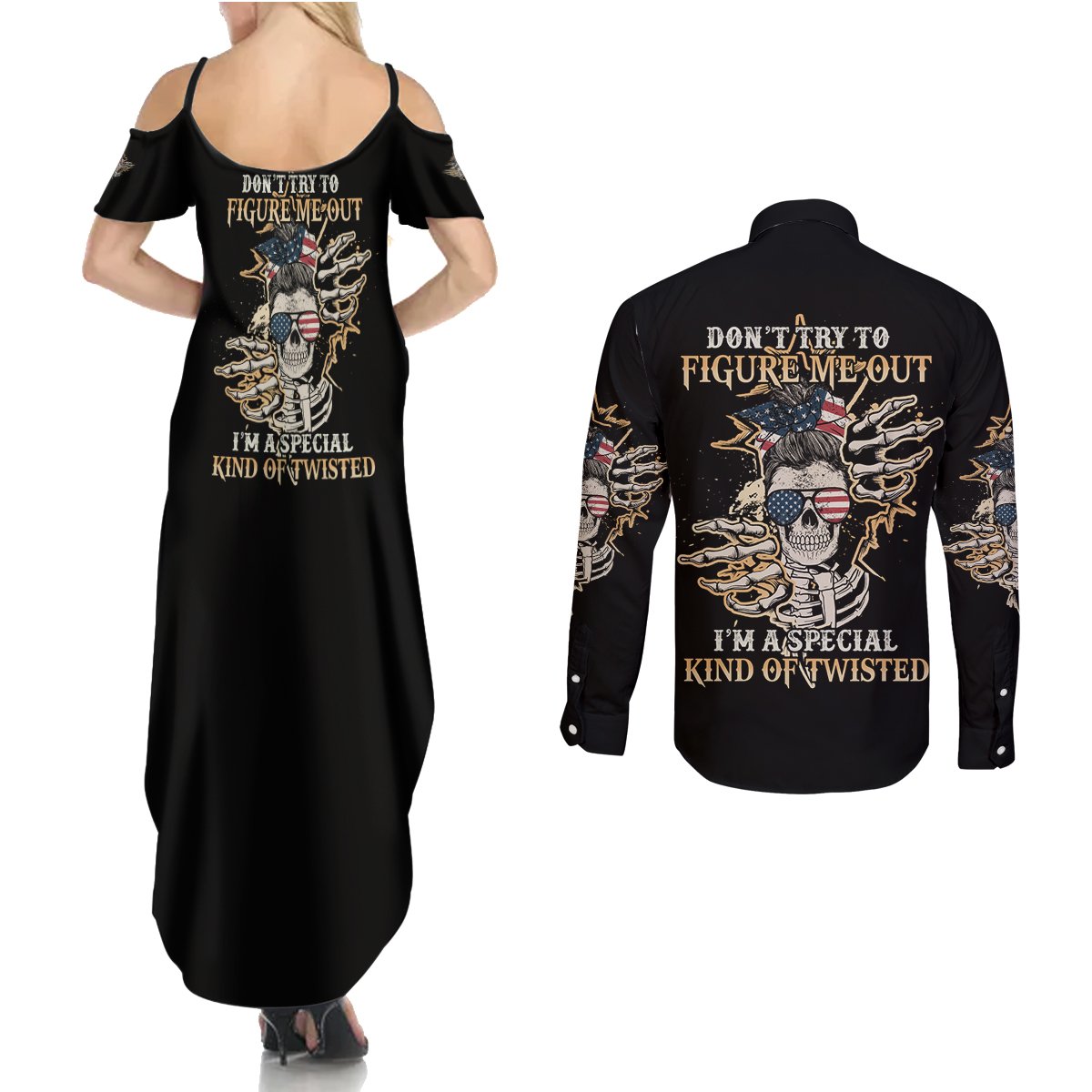 Don't Try To Figure Me Out Couples Matching Summer Maxi Dress and Long Sleeve Button Shirt - Wonder Print Shop