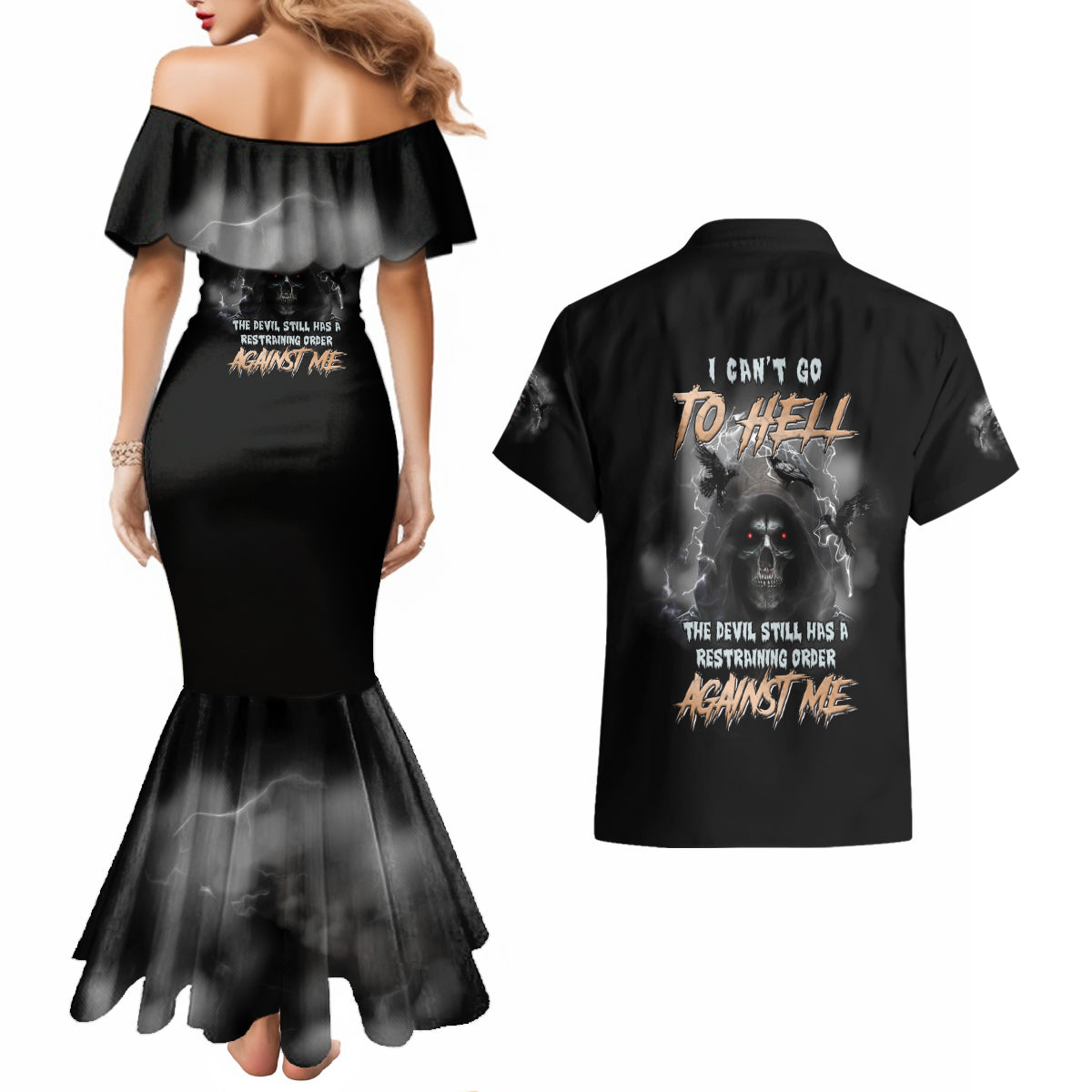 I Can't Go To Hell Reaper Bat Couples Matching Mermaid Dress and Hawaiian Shirt - Wonder Print Shop