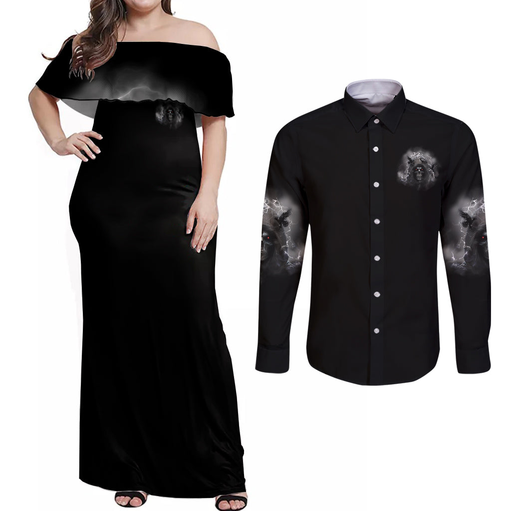 I Can't Go To Hell Reaper Bat Couples Matching Off Shoulder Maxi Dress and Long Sleeve Button Shirt - Wonder Print Shop