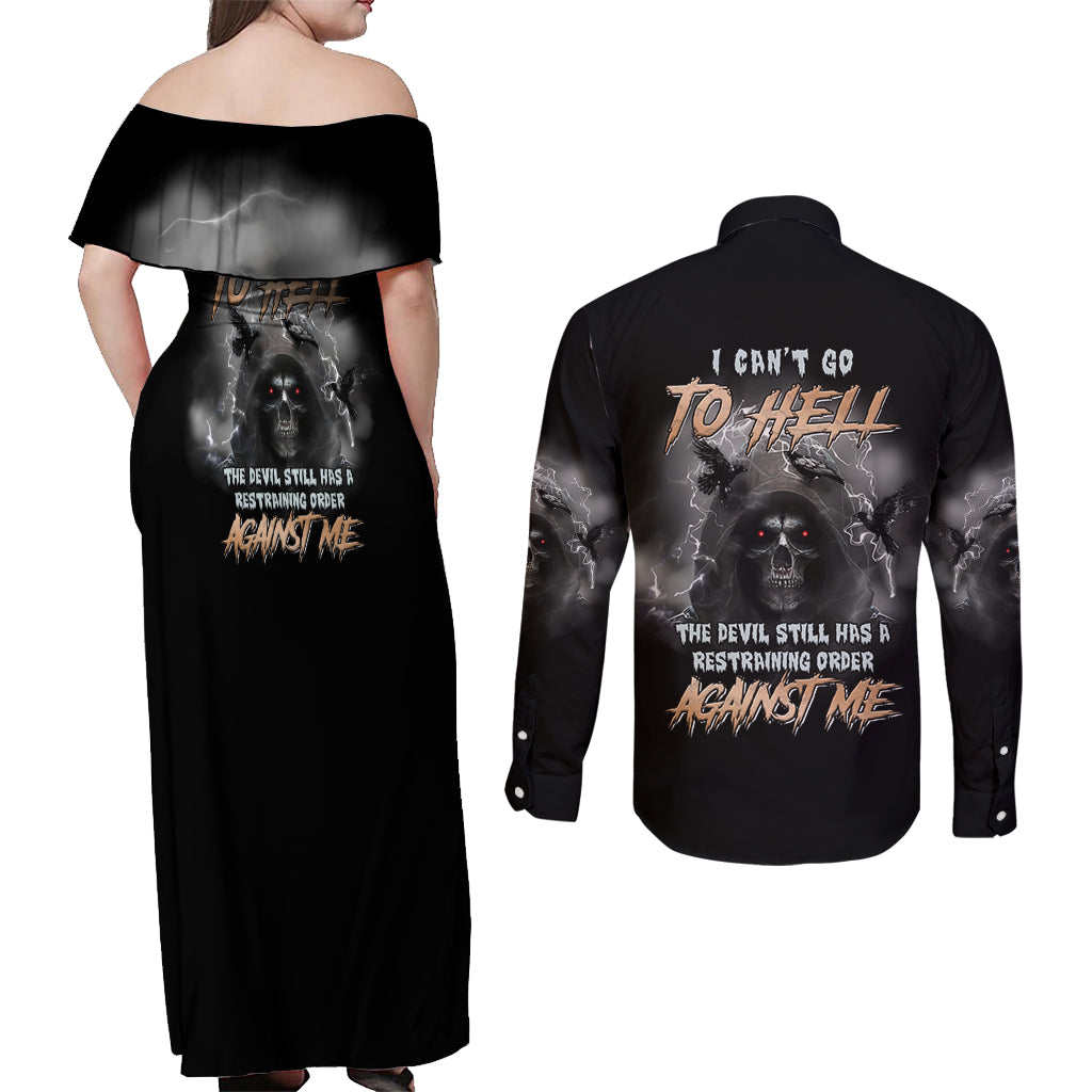 I Can't Go To Hell Reaper Bat Couples Matching Off Shoulder Maxi Dress and Long Sleeve Button Shirt - Wonder Print Shop