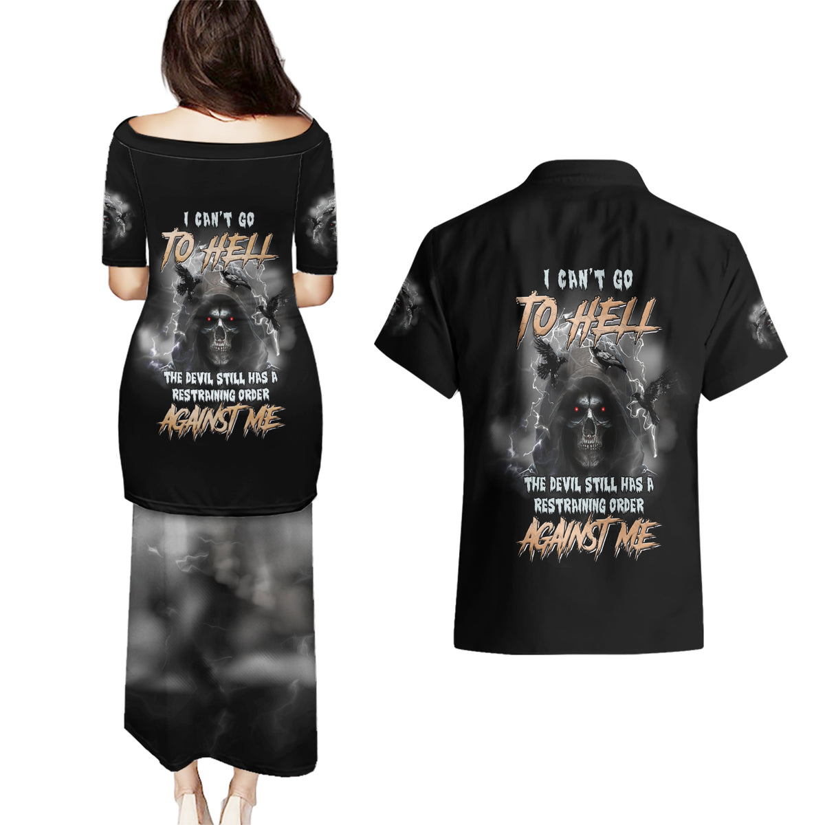 I Can't Go To Hell Reaper Bat Couples Matching Puletasi Dress and Hawaiian Shirt - Wonder Print Shop