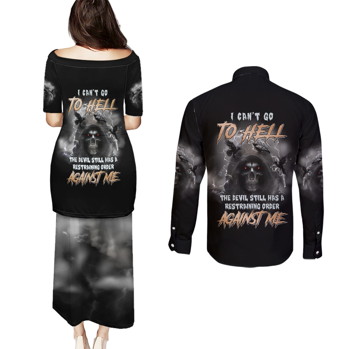 I Can't Go To Hell Reaper Bat Couples Matching Puletasi Dress and Long Sleeve Button Shirt - Wonder Print Shop