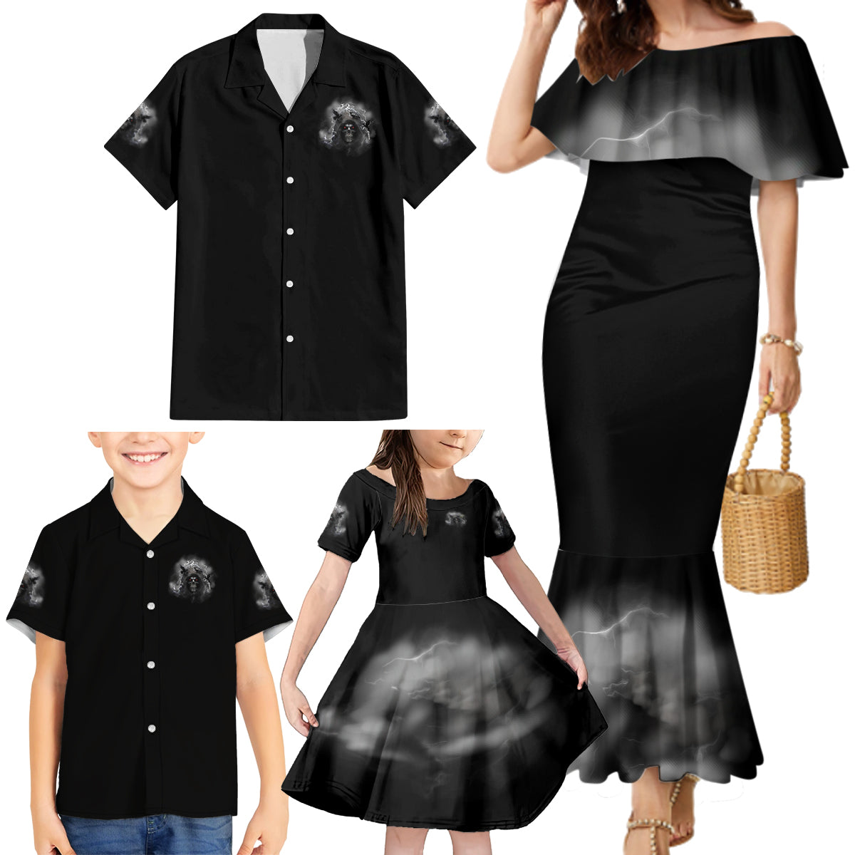 I Can't Go To Hell Reaper Bat Family Matching Mermaid Dress and Hawaiian Shirt - Wonder Print Shop