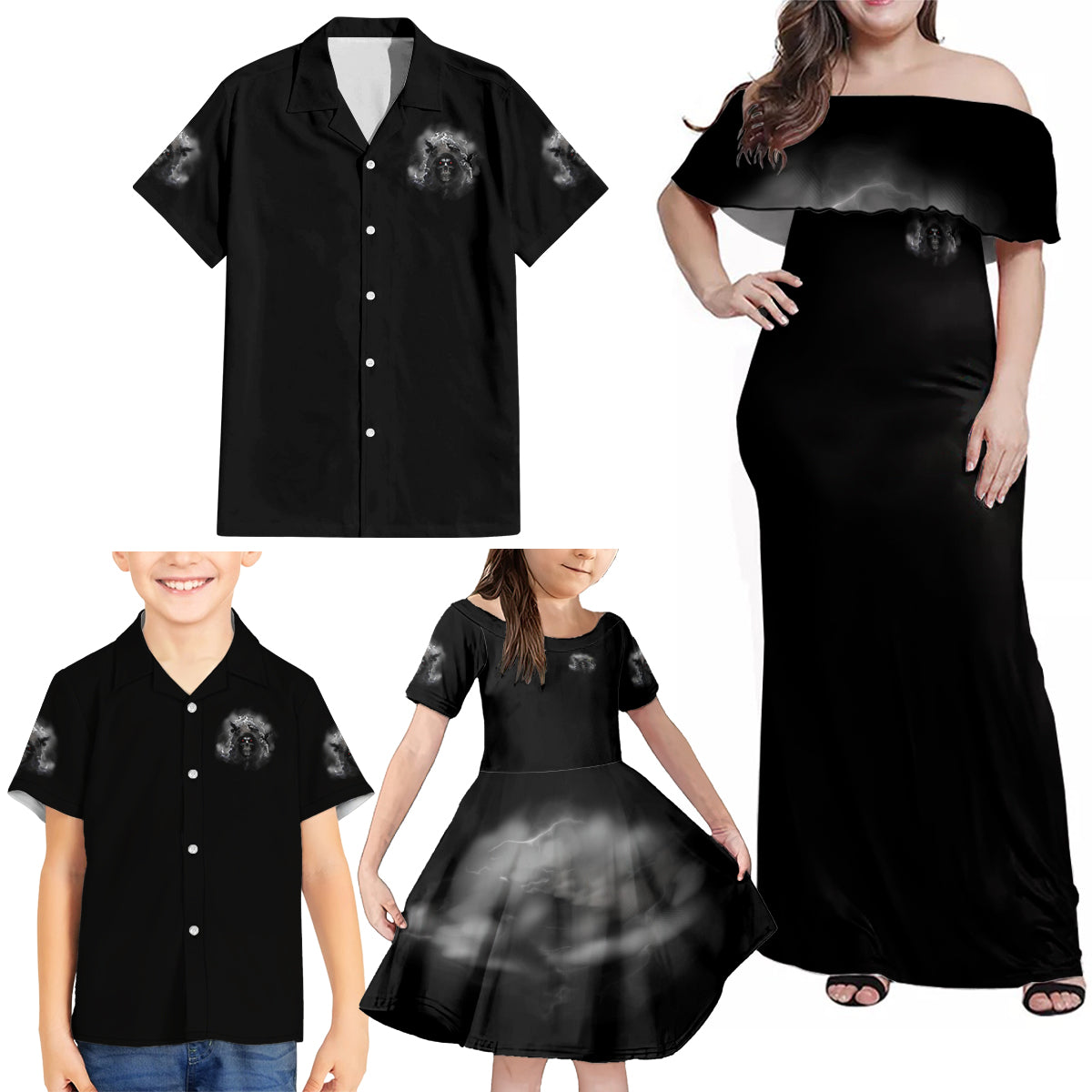 I Can't Go To Hell Reaper Bat Family Matching Off Shoulder Maxi Dress and Hawaiian Shirt - Wonder Print Shop