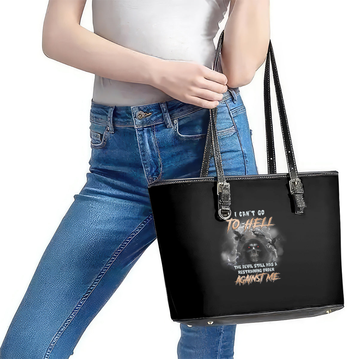 I Can't Go To Hell Reaper Bat Leather Tote Bag - Wonder Print Shop