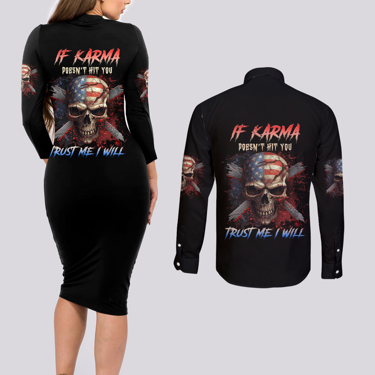 If Karma Doesn't Hit You Trust Me I Will Couples Matching Long Sleeve Bodycon Dress and Long Sleeve Button Shirt - Wonder Print Shop