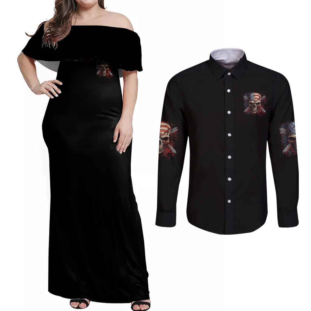 If Karma Doesn't Hit You Trust Me I Will Couples Matching Off Shoulder Maxi Dress and Long Sleeve Button Shirt - Wonder Print Shop