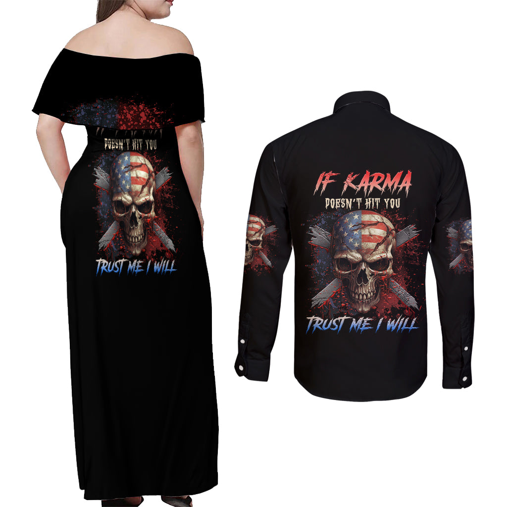 If Karma Doesn't Hit You Trust Me I Will Couples Matching Off Shoulder Maxi Dress and Long Sleeve Button Shirt - Wonder Print Shop