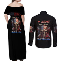 If Karma Doesn't Hit You Trust Me I Will Couples Matching Off Shoulder Maxi Dress and Long Sleeve Button Shirt - Wonder Print Shop