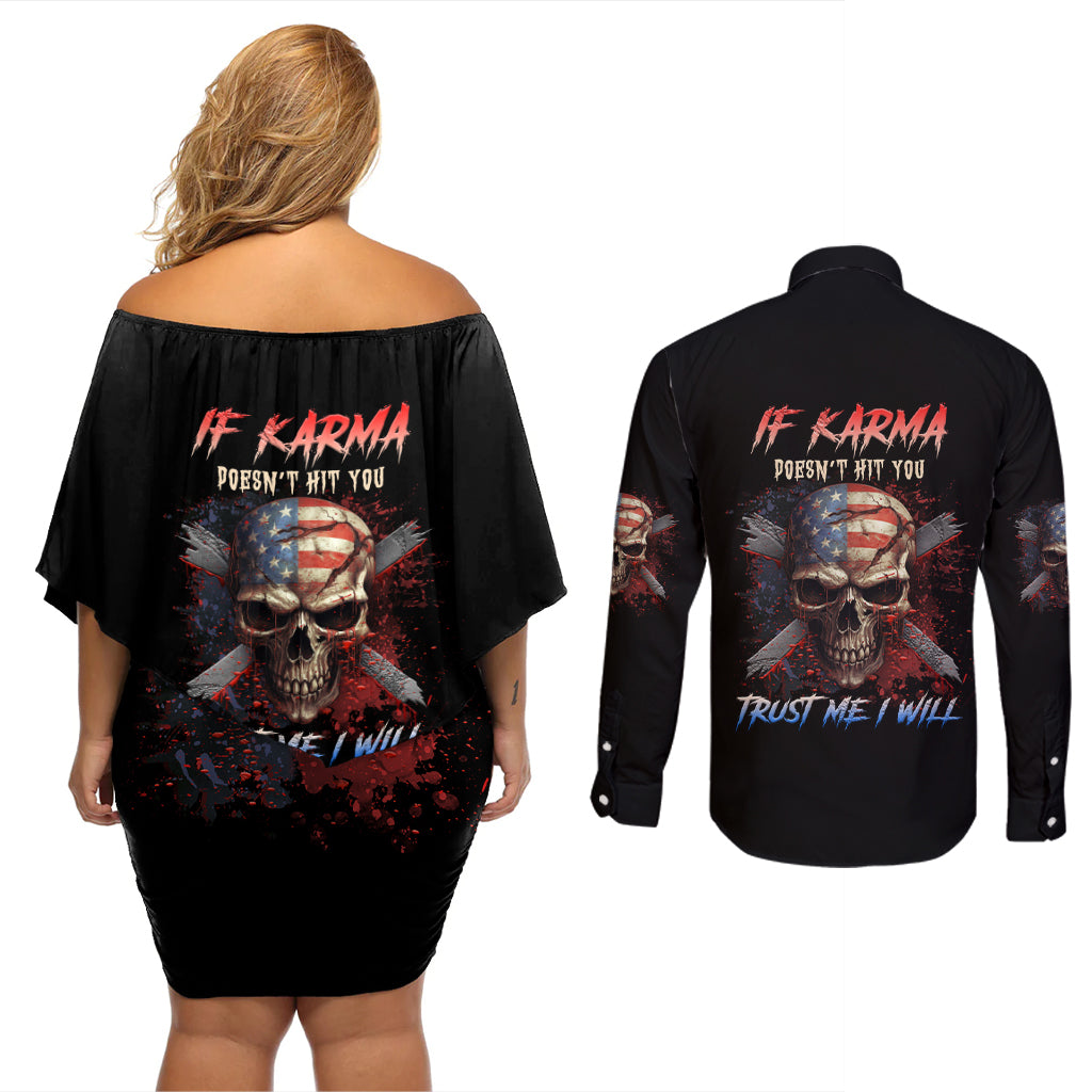 If Karma Doesn't Hit You Trust Me I Will Couples Matching Off Shoulder Short Dress and Long Sleeve Button Shirt - Wonder Print Shop