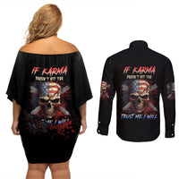 If Karma Doesn't Hit You Trust Me I Will Couples Matching Off Shoulder Short Dress and Long Sleeve Button Shirt - Wonder Print Shop