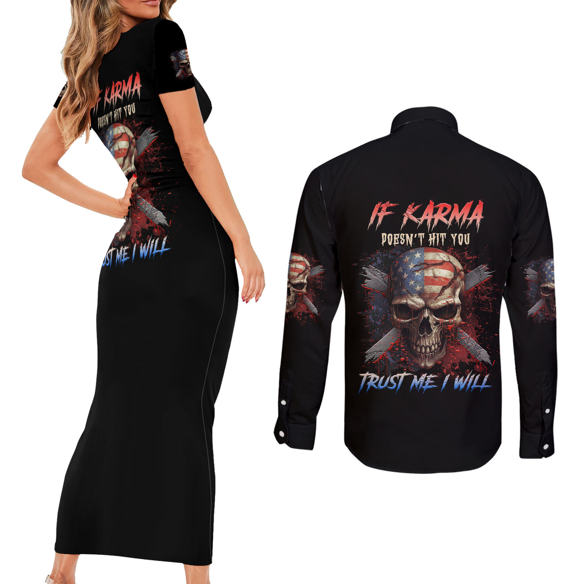 If Karma Doesn't Hit You Trust Me I Will Couples Matching Short Sleeve Bodycon Dress and Long Sleeve Button Shirt - Wonder Print Shop