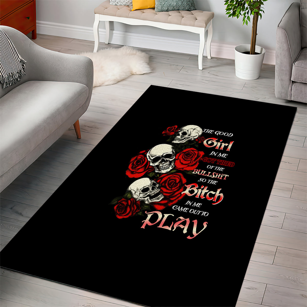 The Good Girl In Me 3 Skulls Rose Vintage Area Rug - Wonder Print Shop