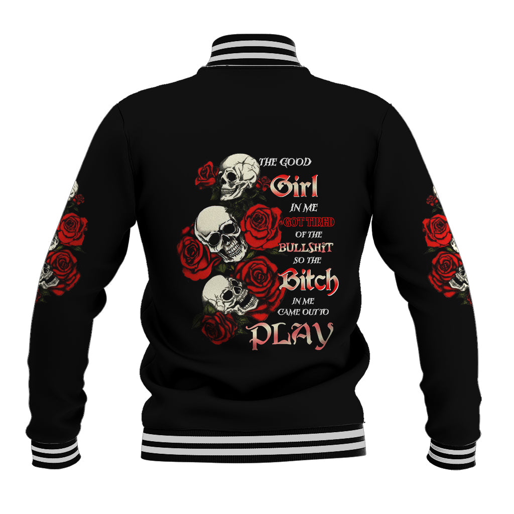 The Good Girl In Me 3 Skulls Rose Vintage Baseball Jacket - Wonder Print Shop