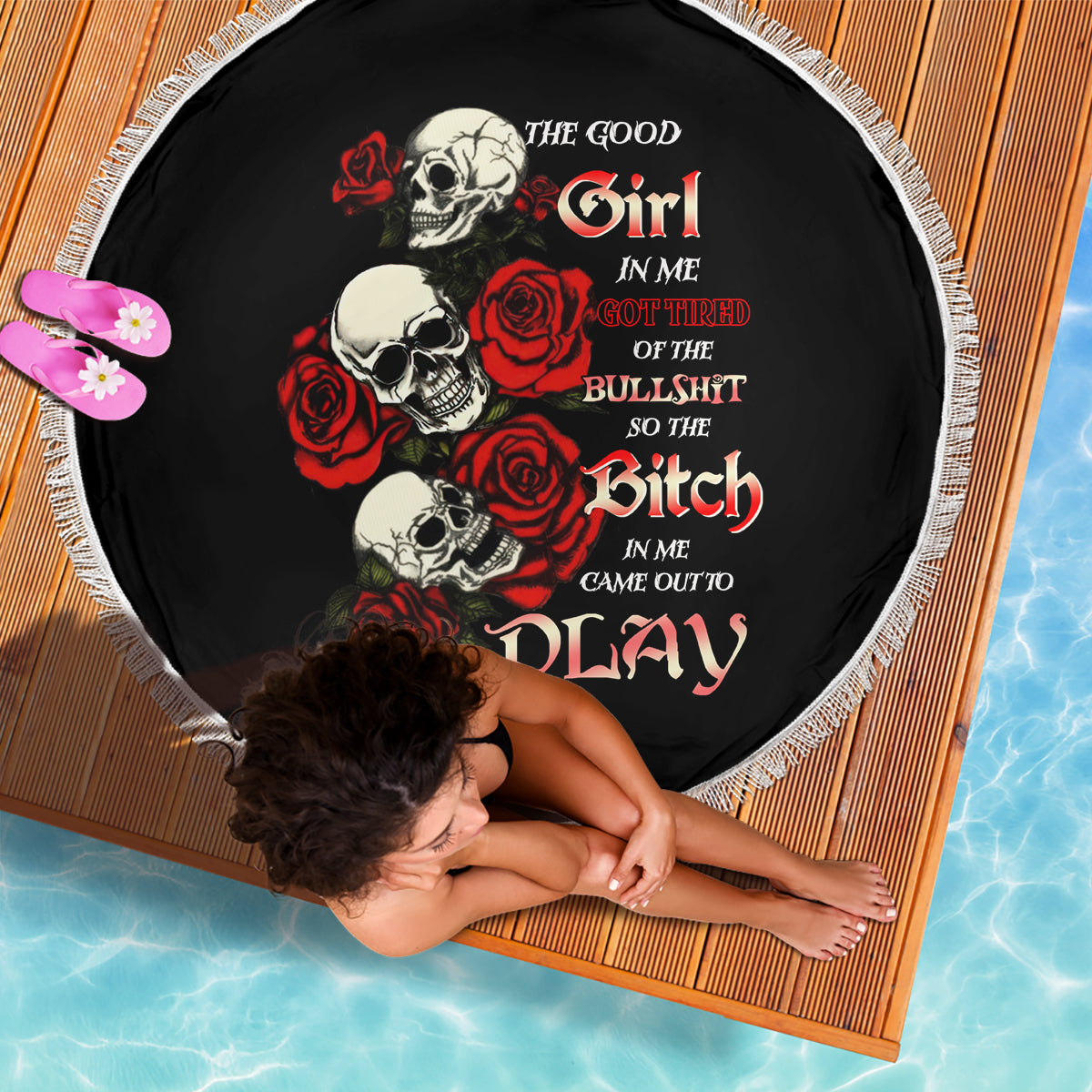 The Good Girl In Me 3 Skulls Rose Vintage Beach Blanket - Wonder Print Shop