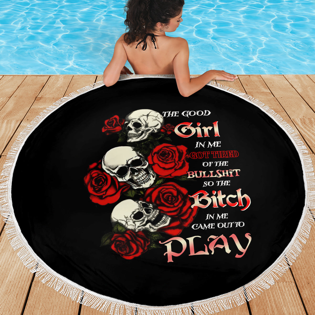 The Good Girl In Me 3 Skulls Rose Vintage Beach Blanket - Wonder Print Shop
