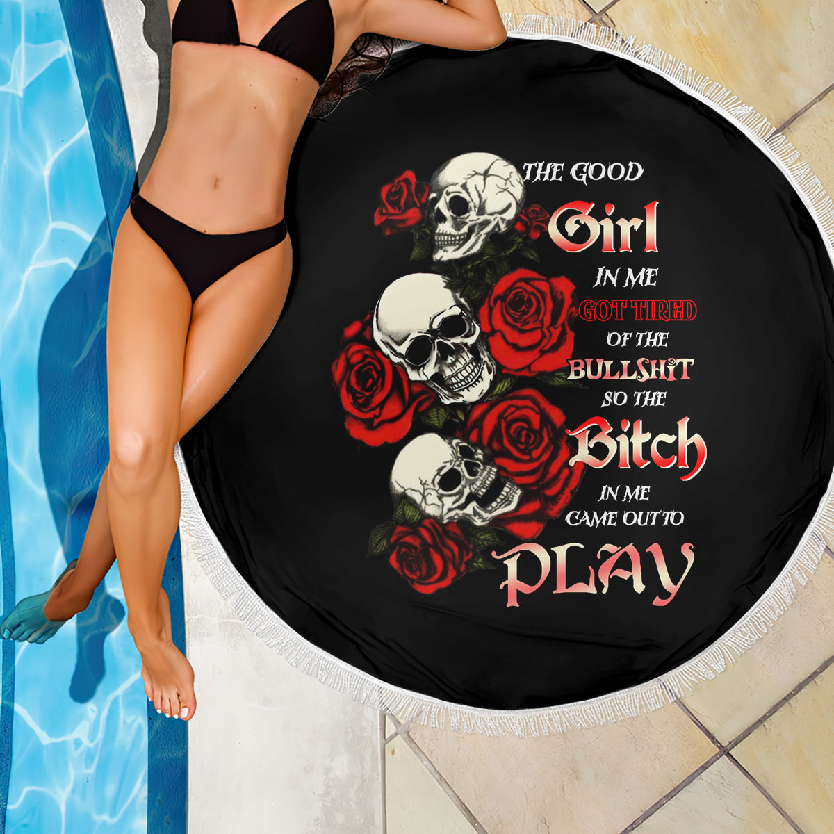 The Good Girl In Me 3 Skulls Rose Vintage Beach Blanket - Wonder Print Shop