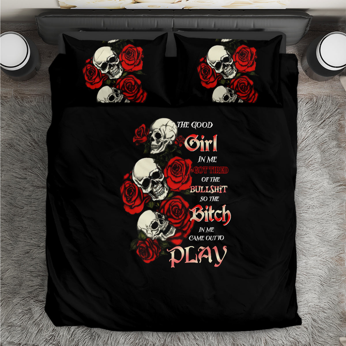 The Good Girl In Me 3 Skulls Rose Vintage Bedding Set - Wonder Print Shop