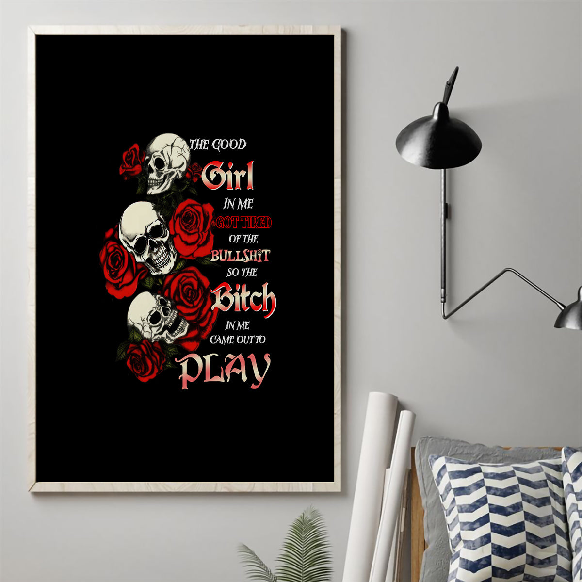 The Good Girl In Me 3 Skulls Rose Vintage Canvas Wall Art - Wonder Print Shop