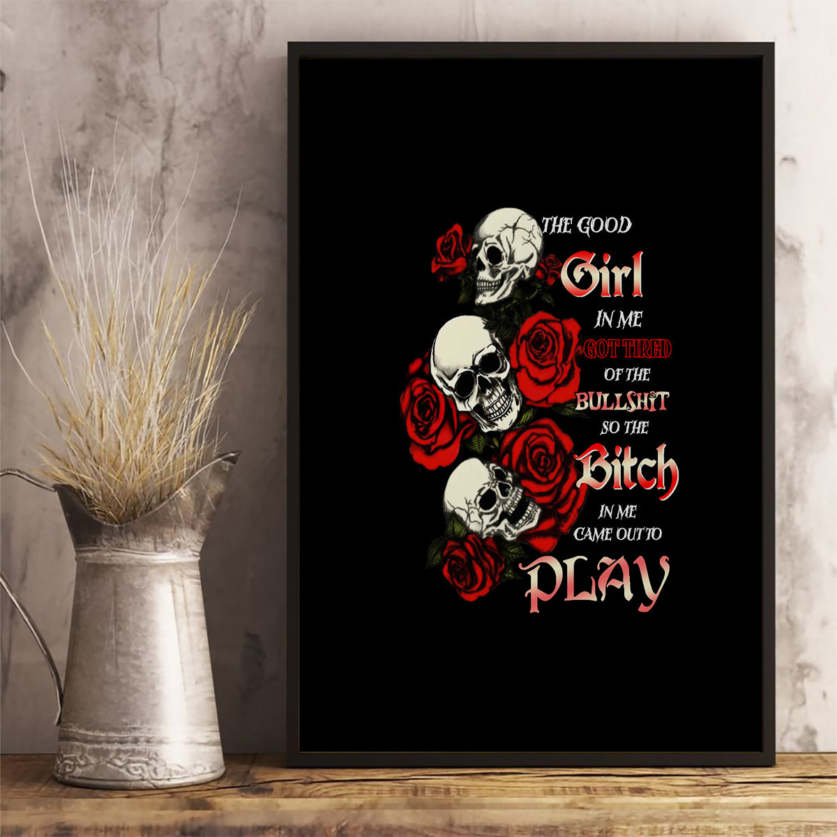 The Good Girl In Me 3 Skulls Rose Vintage Canvas Wall Art - Wonder Print Shop