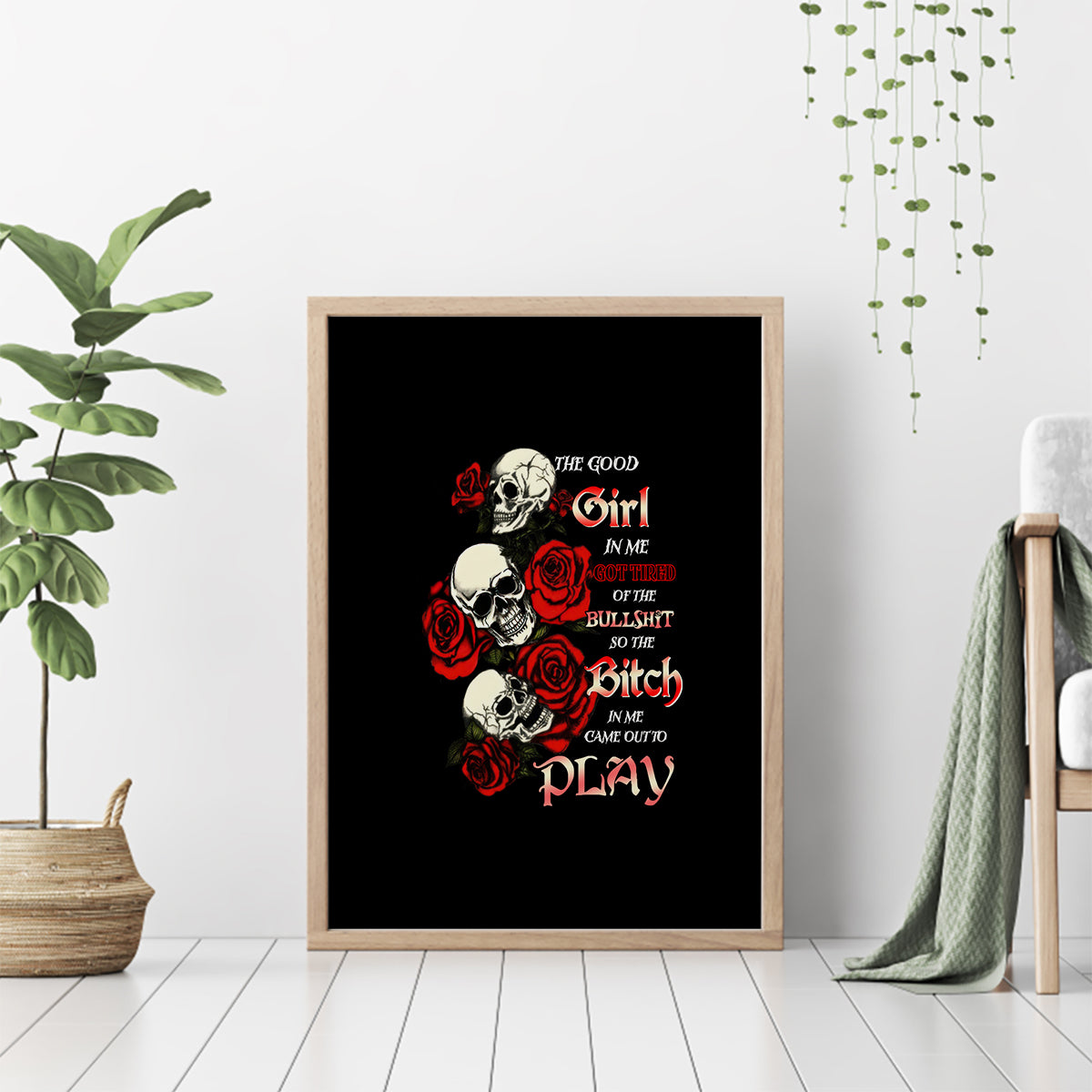 The Good Girl In Me 3 Skulls Rose Vintage Canvas Wall Art - Wonder Print Shop