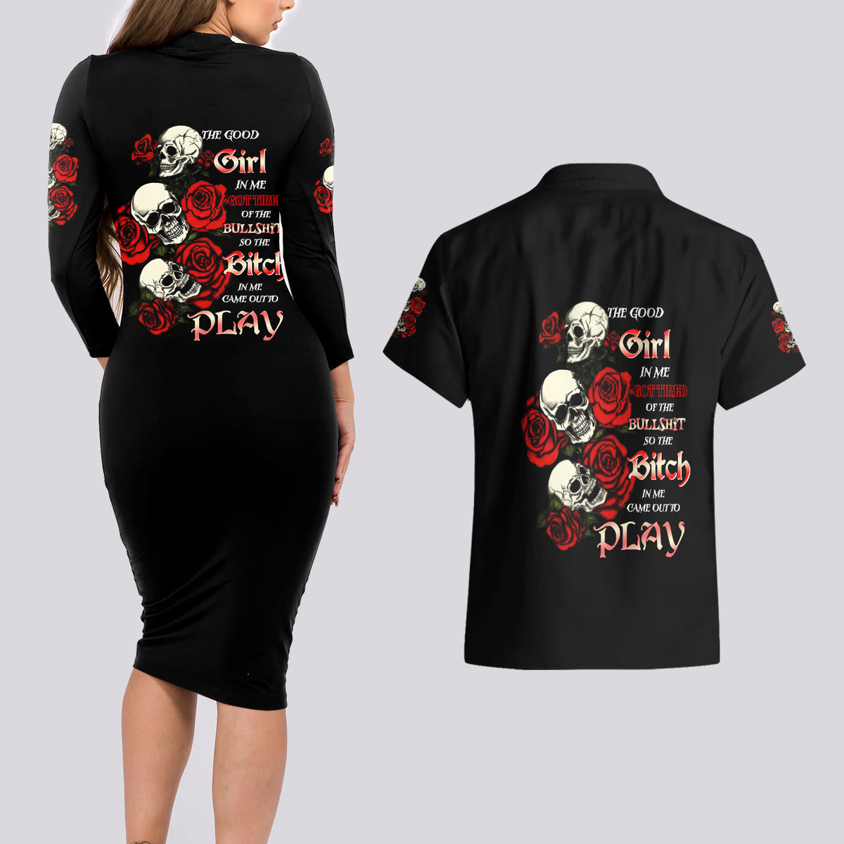 The Good Girl In Me 3 Skulls Rose Vintage Couples Matching Long Sleeve Bodycon Dress and Hawaiian Shirt - Wonder Print Shop