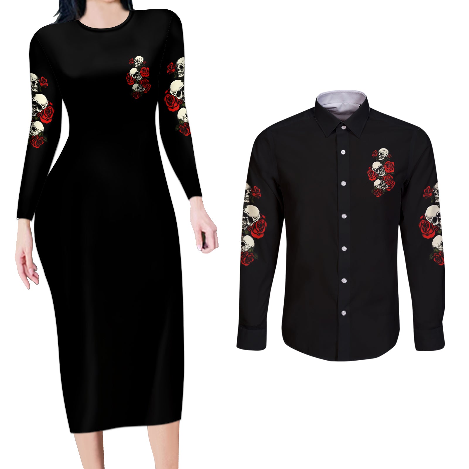 The Good Girl In Me 3 Skulls Rose Vintage Couples Matching Long Sleeve Bodycon Dress and Long Sleeve Button Shirt - Wonder Print Shop
