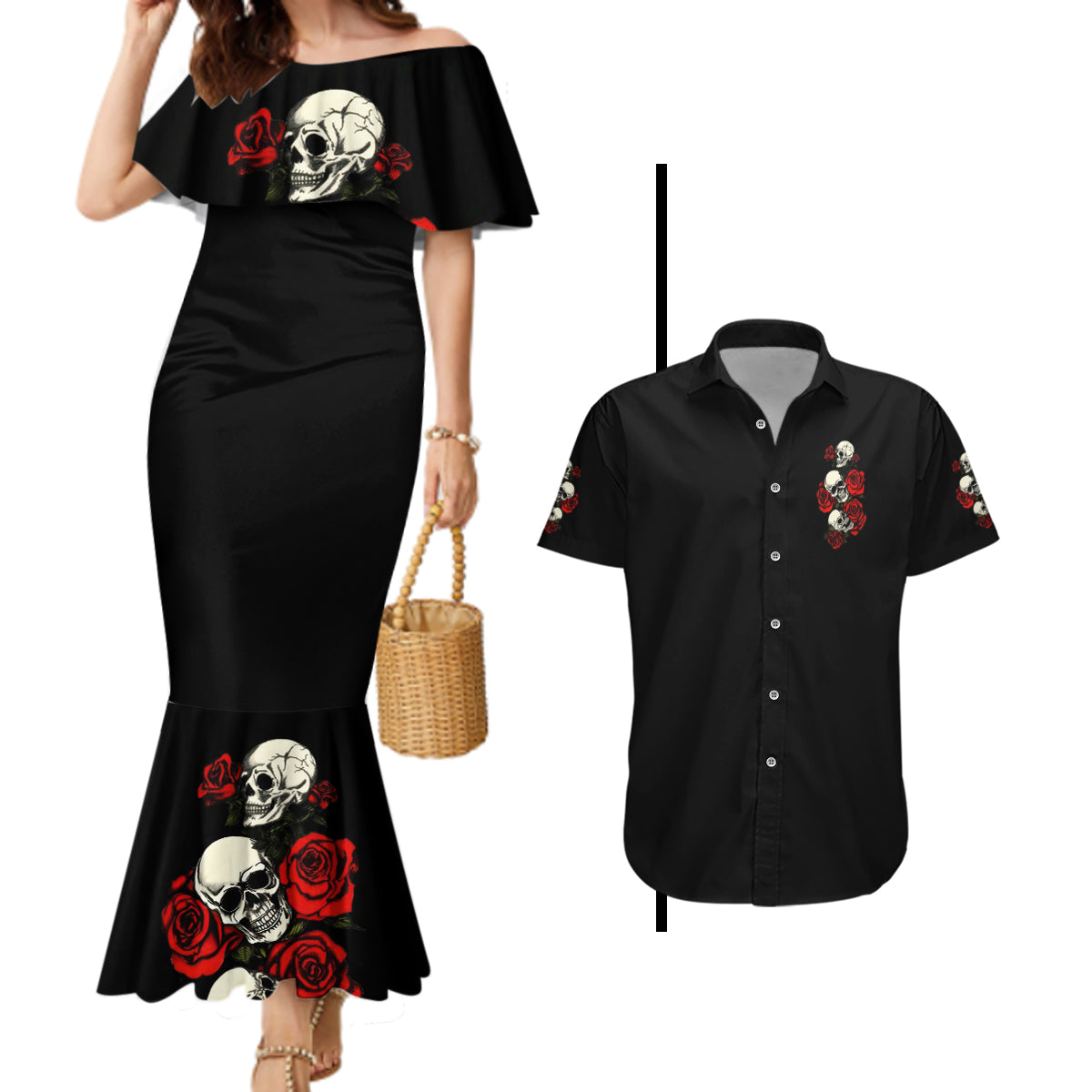 The Good Girl In Me 3 Skulls Rose Vintage Couples Matching Mermaid Dress and Hawaiian Shirt - Wonder Print Shop