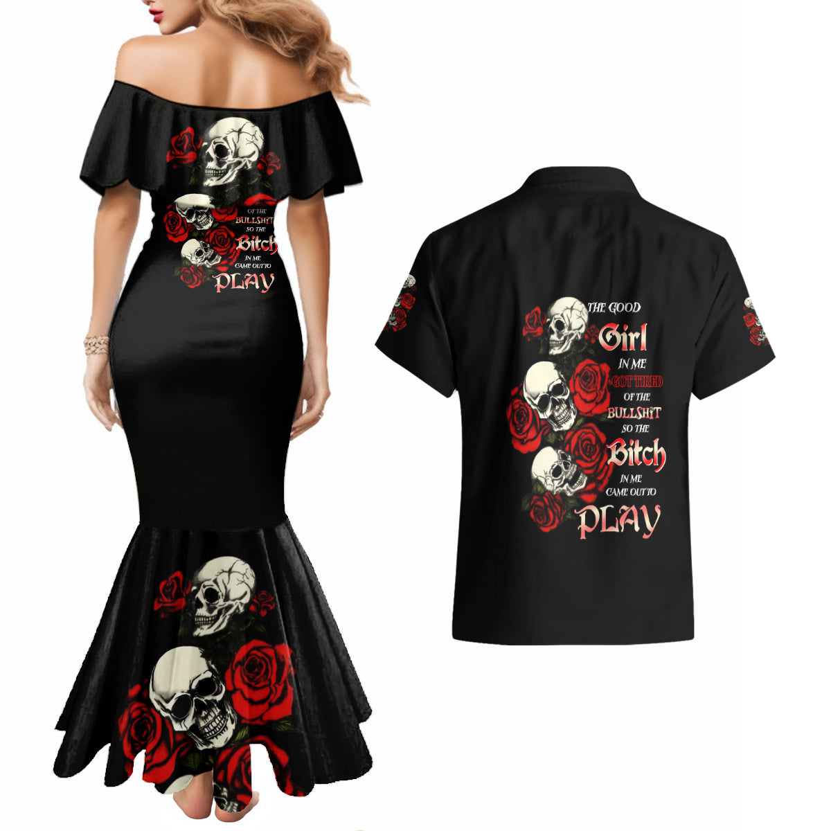 The Good Girl In Me 3 Skulls Rose Vintage Couples Matching Mermaid Dress and Hawaiian Shirt - Wonder Print Shop