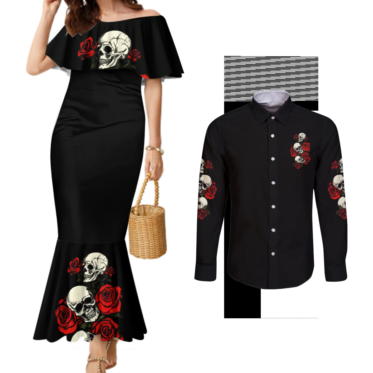 the-good-girl-in-me-3-skulls-rose-vintage-couples-matching-mermaid-dress-and-long-sleeve-button-shirt