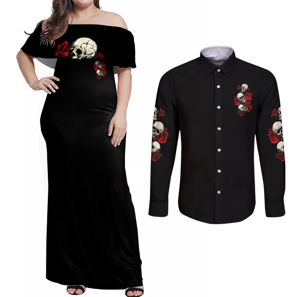 The Good Girl In Me 3 Skulls Rose Vintage Couples Matching Off Shoulder Maxi Dress and Long Sleeve Button Shirt - Wonder Print Shop