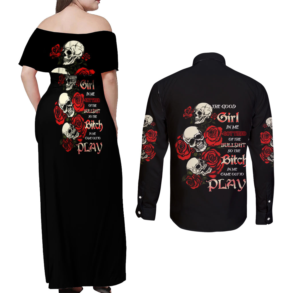 The Good Girl In Me 3 Skulls Rose Vintage Couples Matching Off Shoulder Maxi Dress and Long Sleeve Button Shirt - Wonder Print Shop