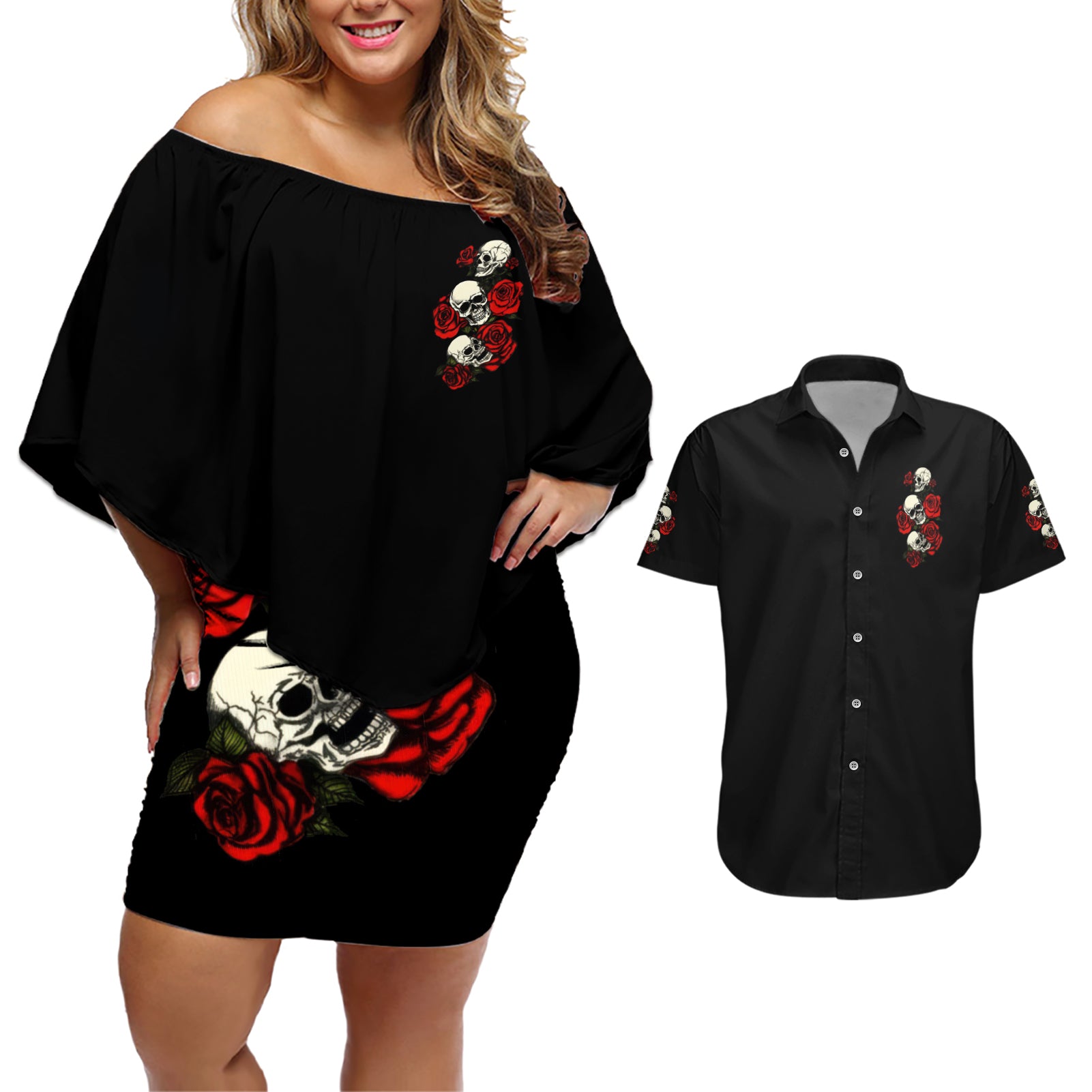The Good Girl In Me 3 Skulls Rose Vintage Couples Matching Off Shoulder Short Dress and Hawaiian Shirt - Wonder Print Shop