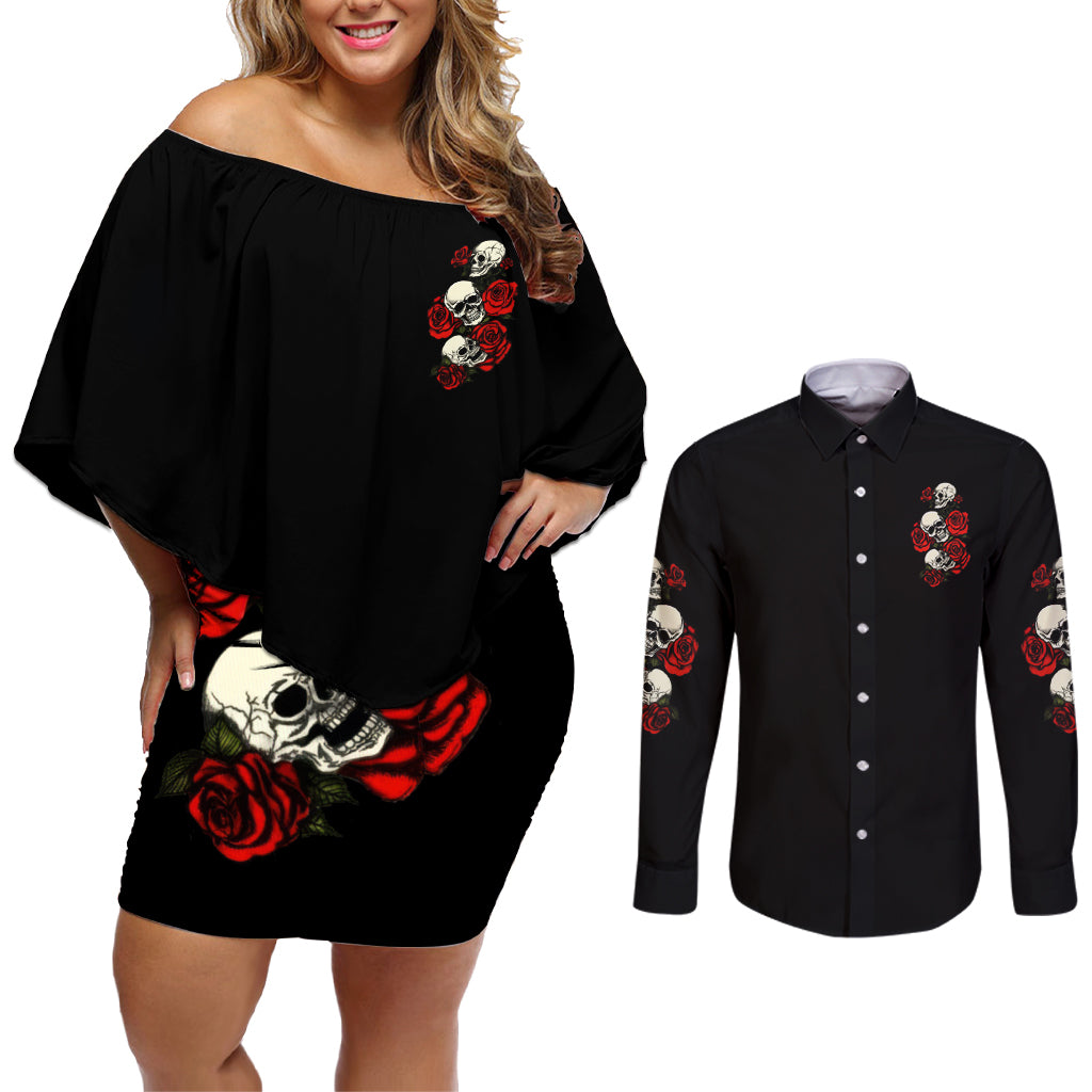 The Good Girl In Me 3 Skulls Rose Vintage Couples Matching Off Shoulder Short Dress and Long Sleeve Button Shirt - Wonder Print Shop