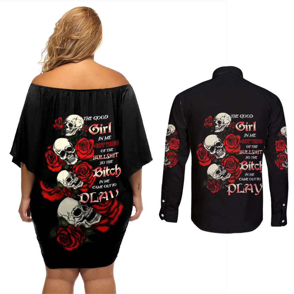 The Good Girl In Me 3 Skulls Rose Vintage Couples Matching Off Shoulder Short Dress and Long Sleeve Button Shirt - Wonder Print Shop