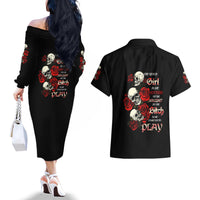 The Good Girl In Me 3 Skulls Rose Vintage Couples Matching Off The Shoulder Long Sleeve Dress and Hawaiian Shirt - Wonder Print Shop