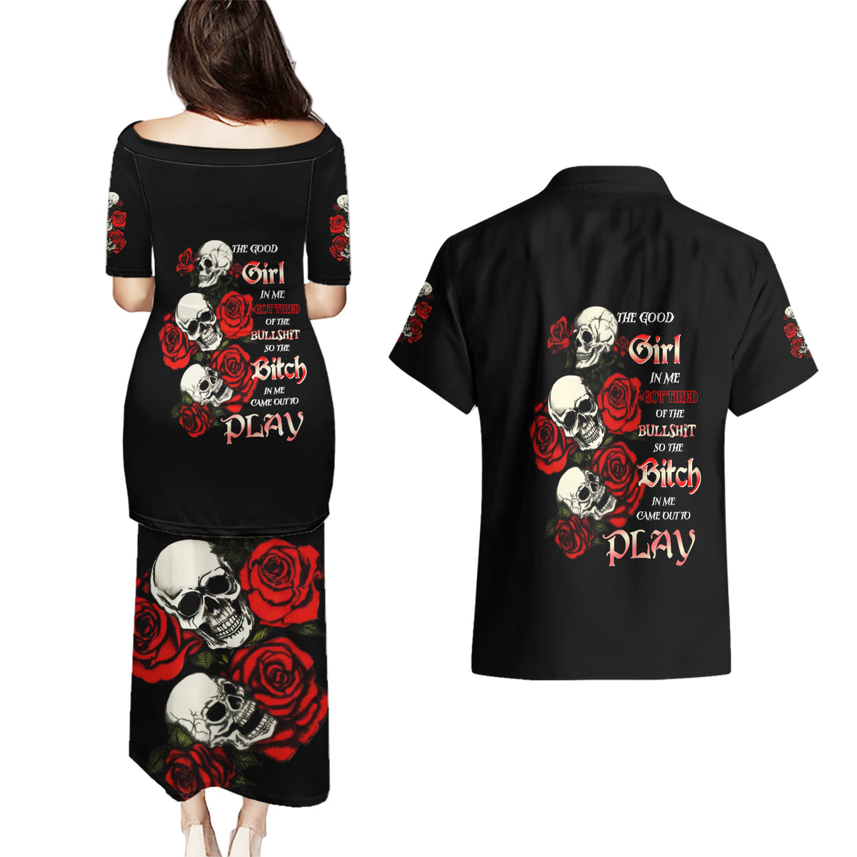 The Good Girl In Me 3 Skulls Rose Vintage Couples Matching Puletasi Dress and Hawaiian Shirt - Wonder Print Shop
