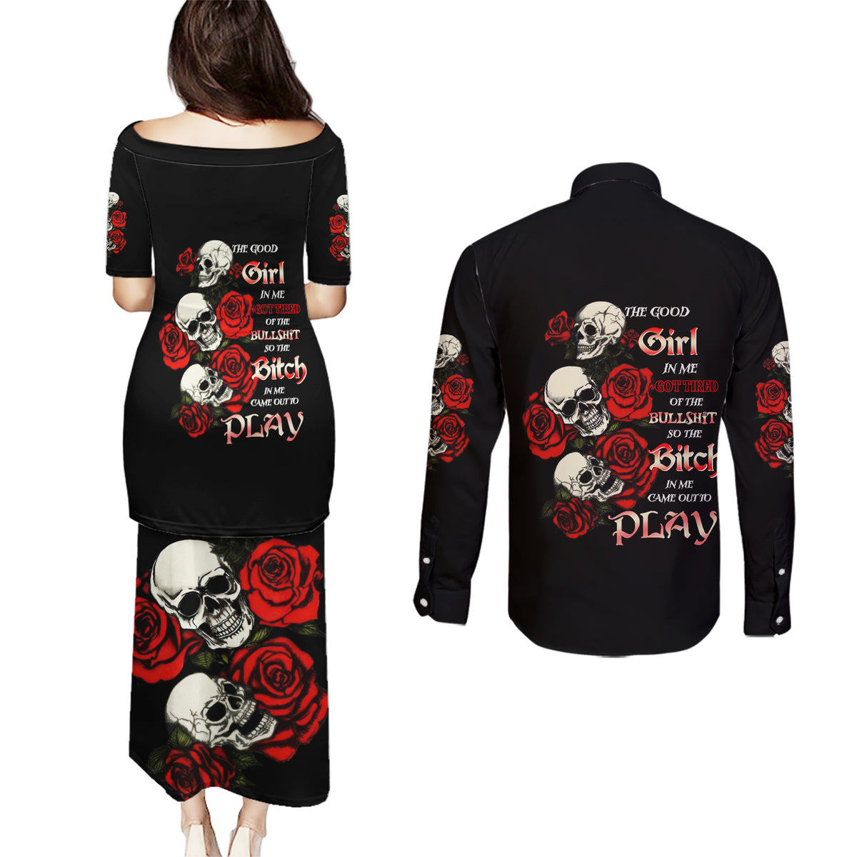 The Good Girl In Me 3 Skulls Rose Vintage Couples Matching Puletasi Dress and Long Sleeve Button Shirt - Wonder Print Shop