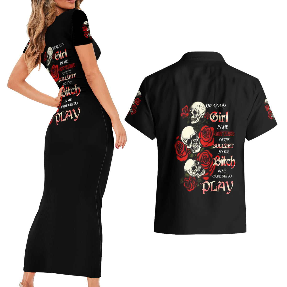 The Good Girl In Me 3 Skulls Rose Vintage Couples Matching Short Sleeve Bodycon Dress and Hawaiian Shirt - Wonder Print Shop