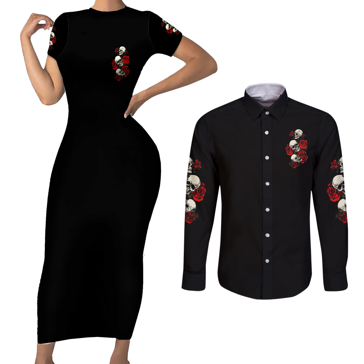 The Good Girl In Me 3 Skulls Rose Vintage Couples Matching Short Sleeve Bodycon Dress and Long Sleeve Button Shirt - Wonder Print Shop
