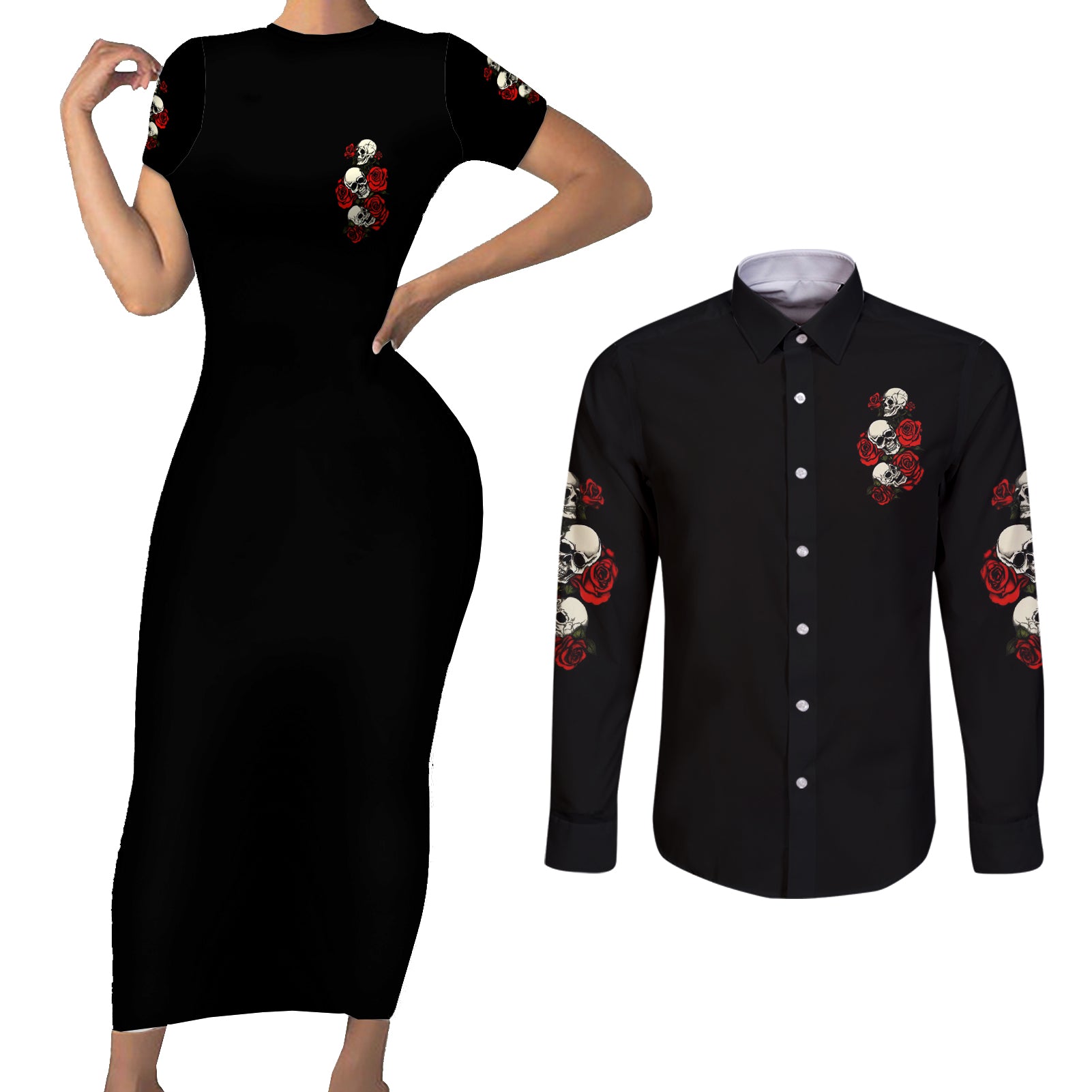 The Good Girl In Me 3 Skulls Rose Vintage Couples Matching Short Sleeve Bodycon Dress and Long Sleeve Button Shirt - Wonder Print Shop