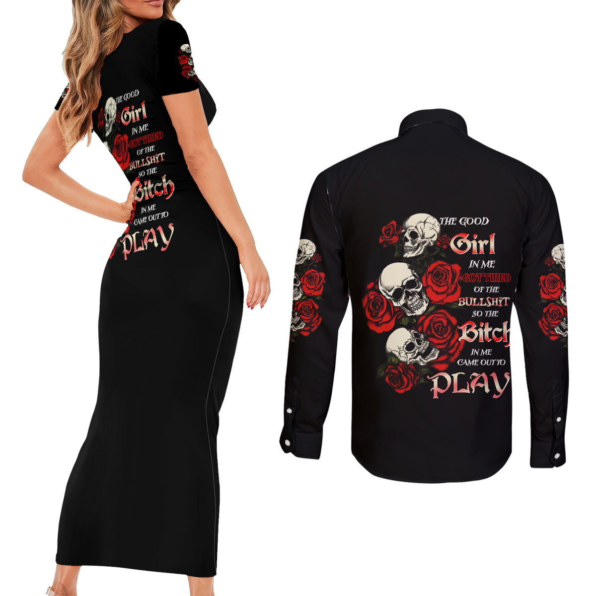 The Good Girl In Me 3 Skulls Rose Vintage Couples Matching Short Sleeve Bodycon Dress and Long Sleeve Button Shirt - Wonder Print Shop