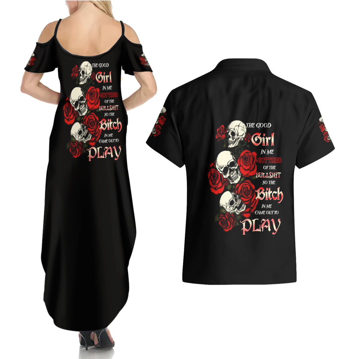 The Good Girl In Me 3 Skulls Rose Vintage Couples Matching Summer Maxi Dress and Hawaiian Shirt - Wonder Print Shop