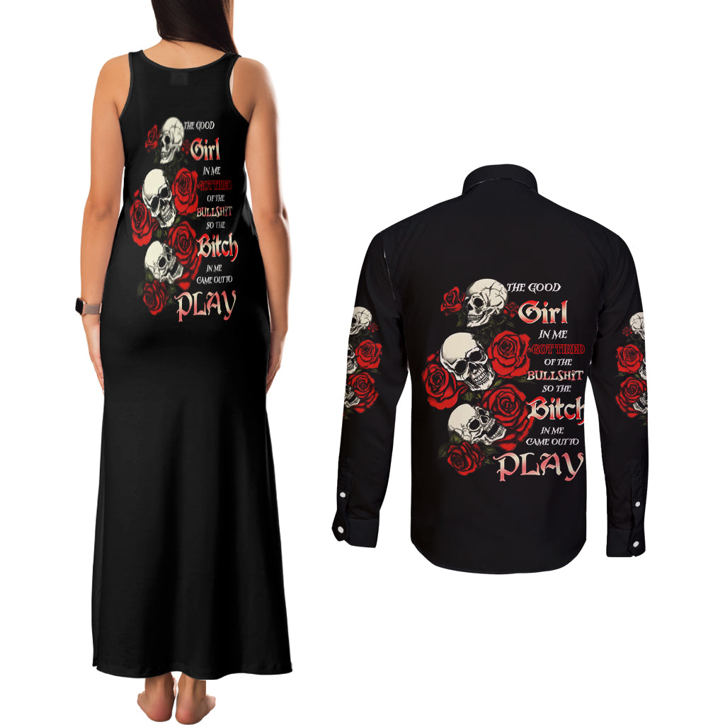 The Good Girl In Me 3 Skulls Rose Vintage Couples Matching Tank Maxi Dress and Long Sleeve Button Shirt - Wonder Print Shop