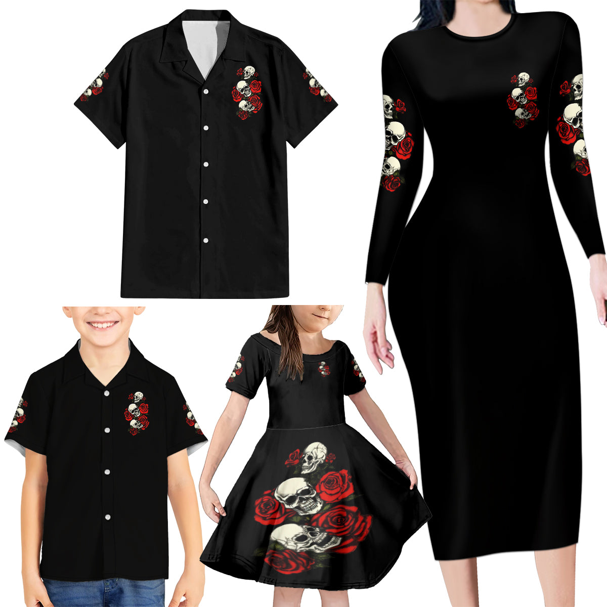 The Good Girl In Me 3 Skulls Rose Vintage Family Matching Long Sleeve Bodycon Dress and Hawaiian Shirt - Wonder Print Shop