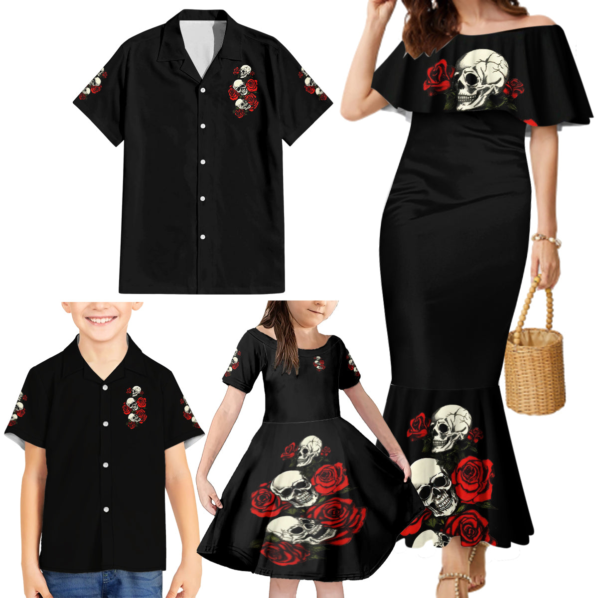 The Good Girl In Me 3 Skulls Rose Vintage Family Matching Mermaid Dress and Hawaiian Shirt - Wonder Print Shop