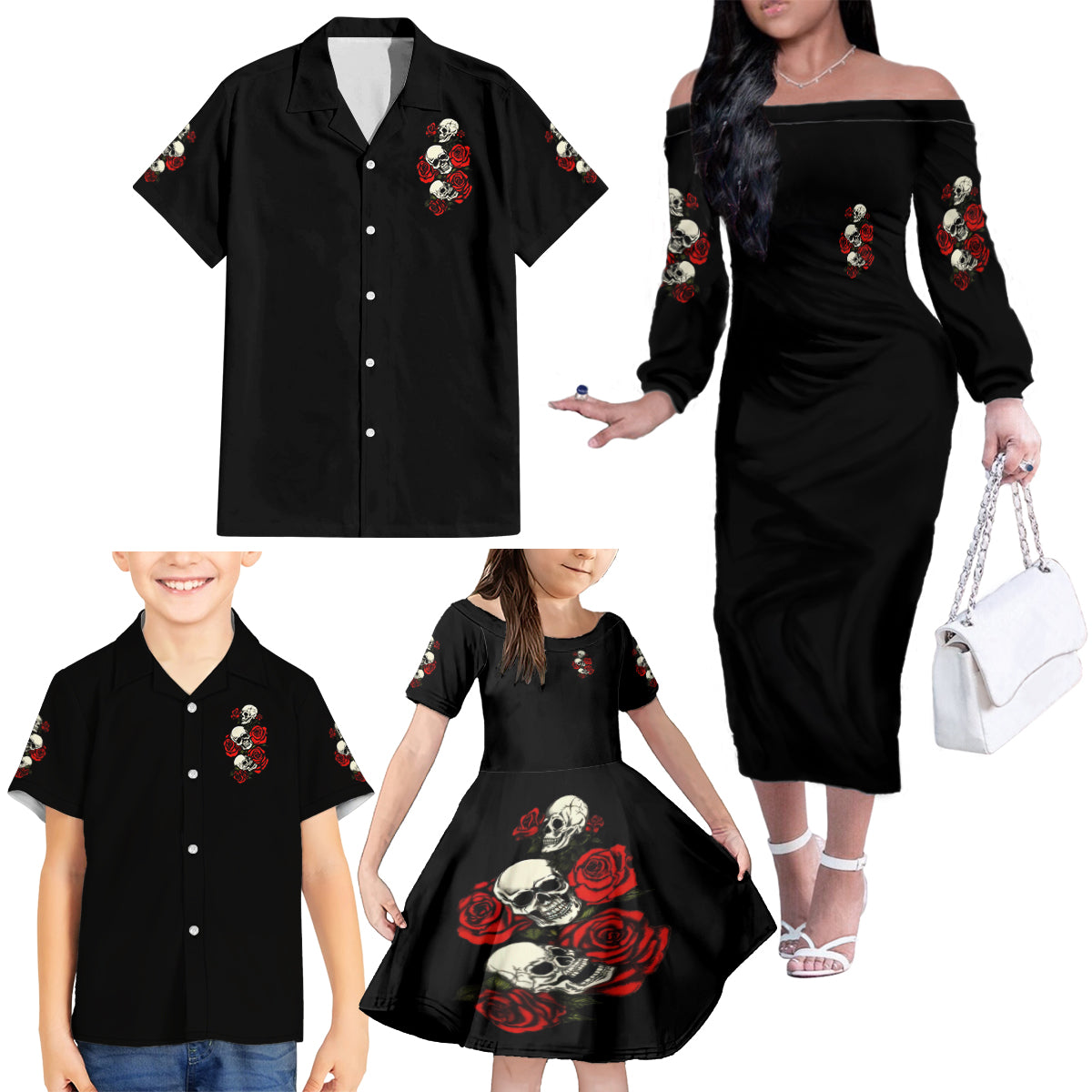 The Good Girl In Me 3 Skulls Rose Vintage Family Matching Off Shoulder Long Sleeve Dress and Hawaiian Shirt - Wonder Print Shop