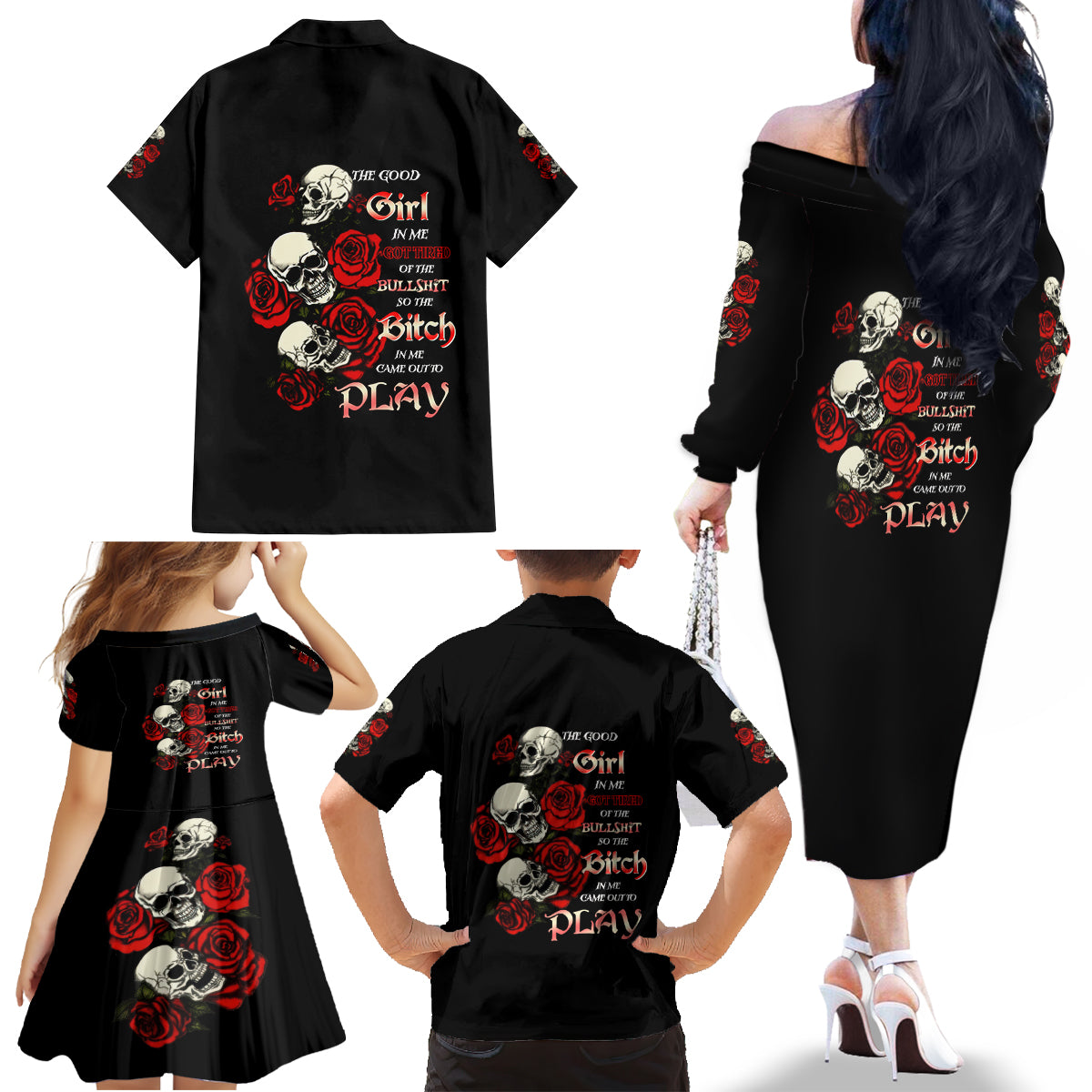 The Good Girl In Me 3 Skulls Rose Vintage Family Matching Off Shoulder Long Sleeve Dress and Hawaiian Shirt - Wonder Print Shop