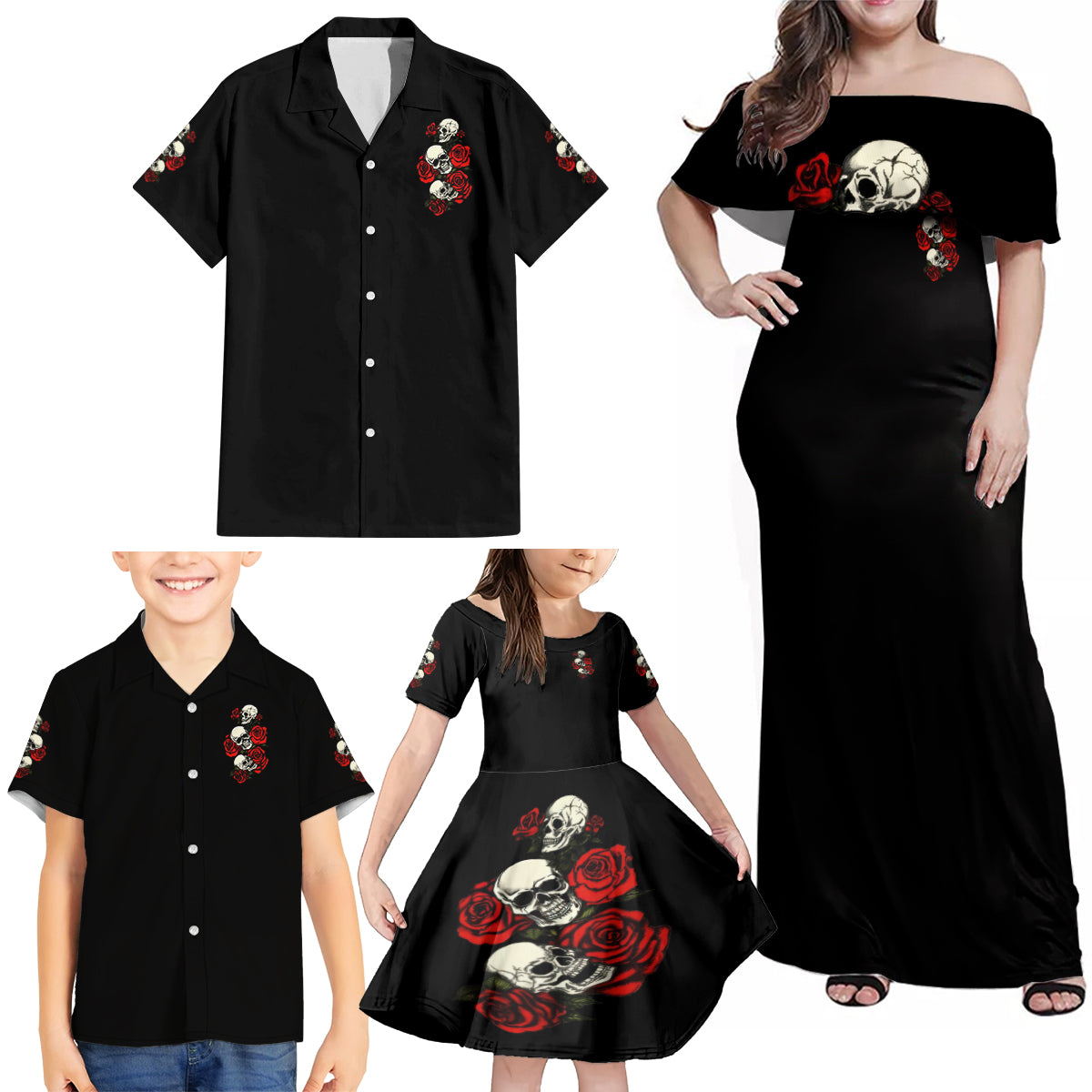 The Good Girl In Me 3 Skulls Rose Vintage Family Matching Off Shoulder Maxi Dress and Hawaiian Shirt - Wonder Print Shop