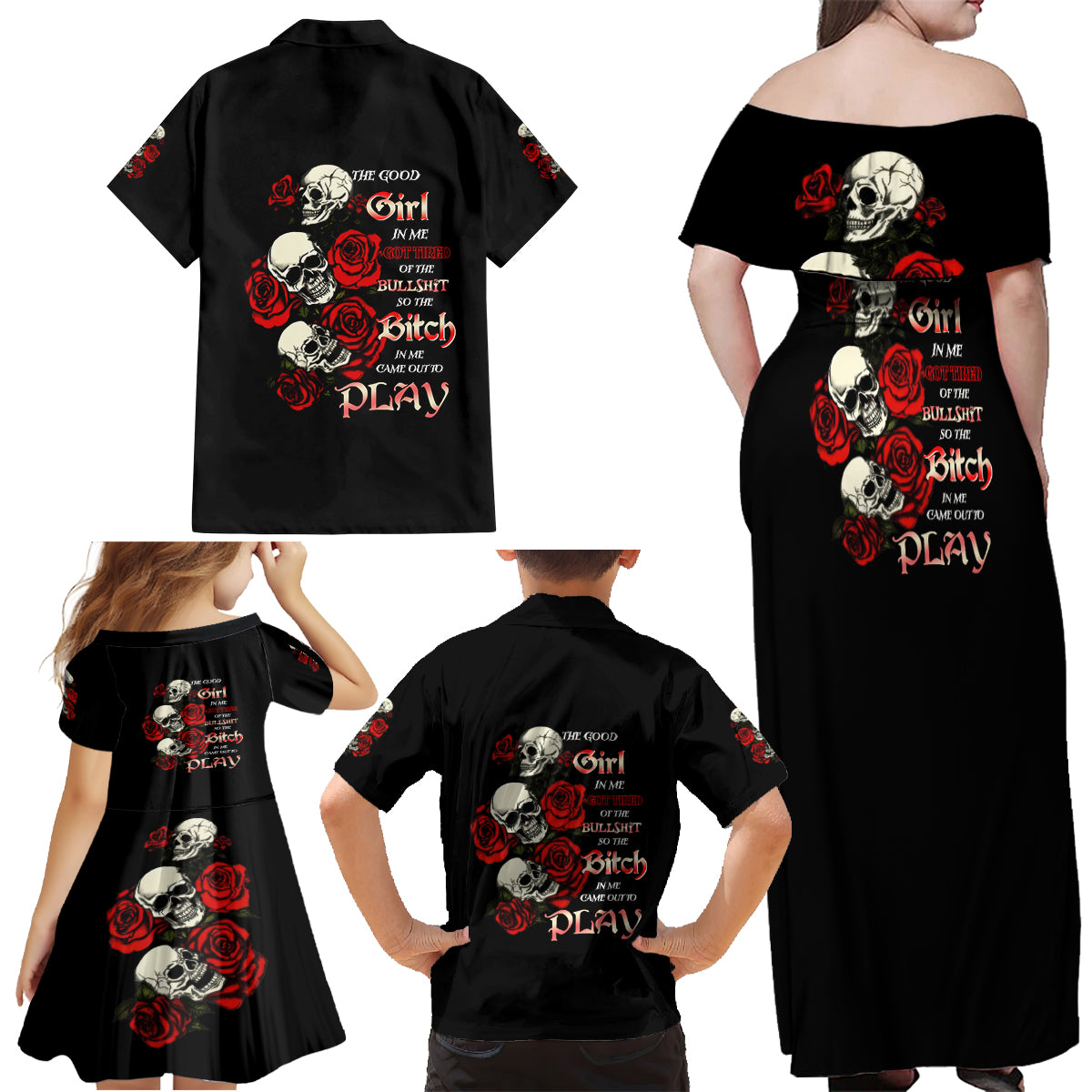 The Good Girl In Me 3 Skulls Rose Vintage Family Matching Off Shoulder Maxi Dress and Hawaiian Shirt - Wonder Print Shop